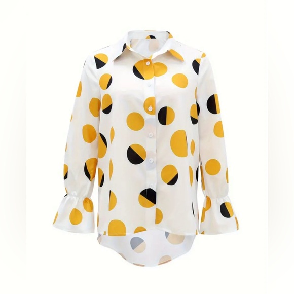 Vibrant Polka-Dot Print Long Bell Sleeve Blouse - Casual, Relaxed Fit - Picture 2 of 5